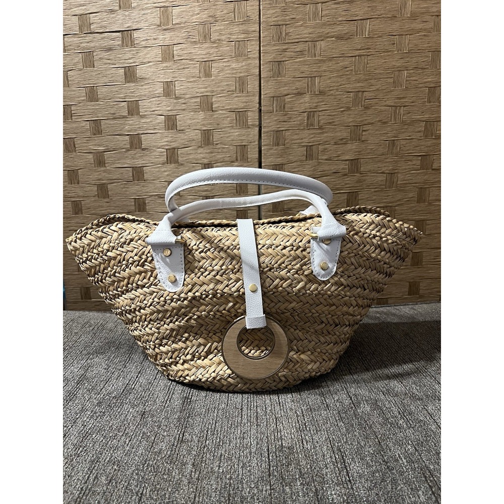 Hot In Hollywood Straw Purse Handbag Leather Handles Very Good Condition!